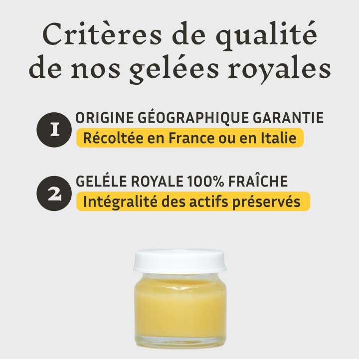 Gelée Royale 100% fraîche Bio - Cure tonus de 20 jours pour retrouver vitalité physique et intellectuelle Pollenergie.fr