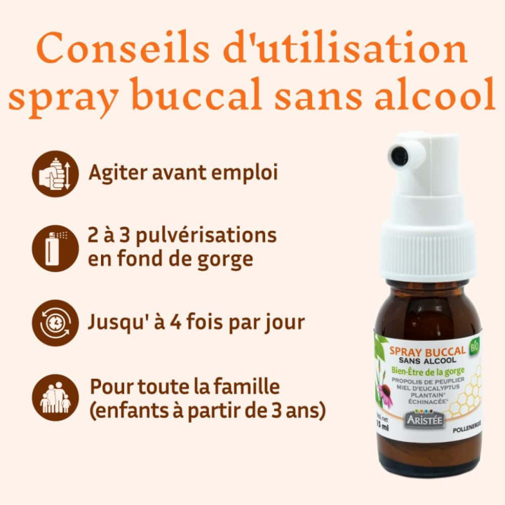 Spray buccal sans alcool Propolis & Plantes BIO - Protéger la sphère ORL et apaiser les maux de gorge | Pollenergie.fr