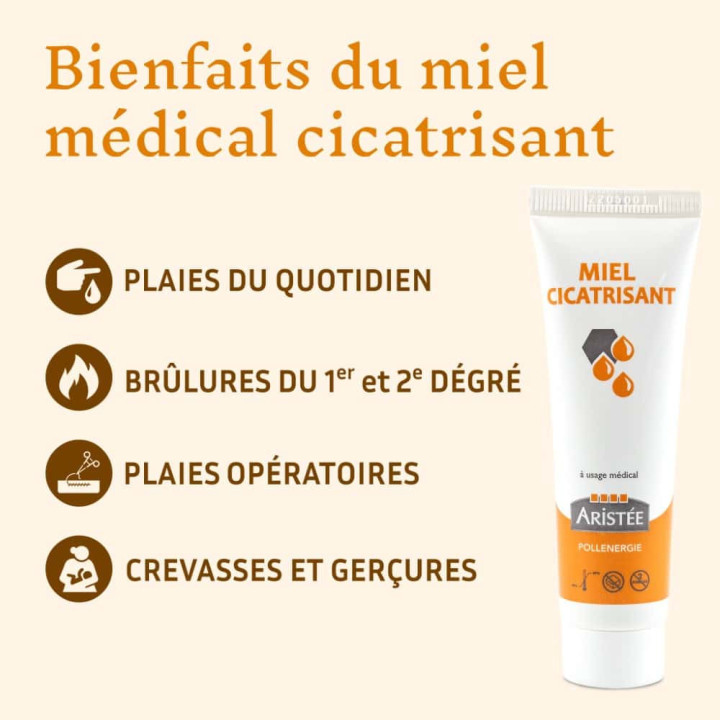 Miel médical Cicatrisant antibactérien stérilisé - Plaies aiguës et chroniques, brûlures, gerçures et crevasses | Pollenergie.fr